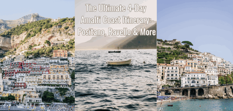 3 images: Positano, a sunset, and Amalfi